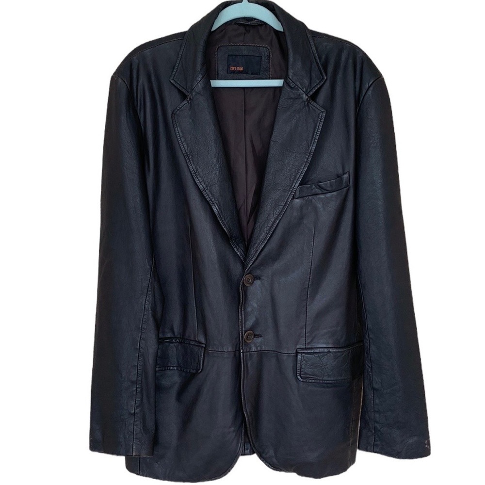 Zara man dark brown genuine leather blazer-jacket, size XL